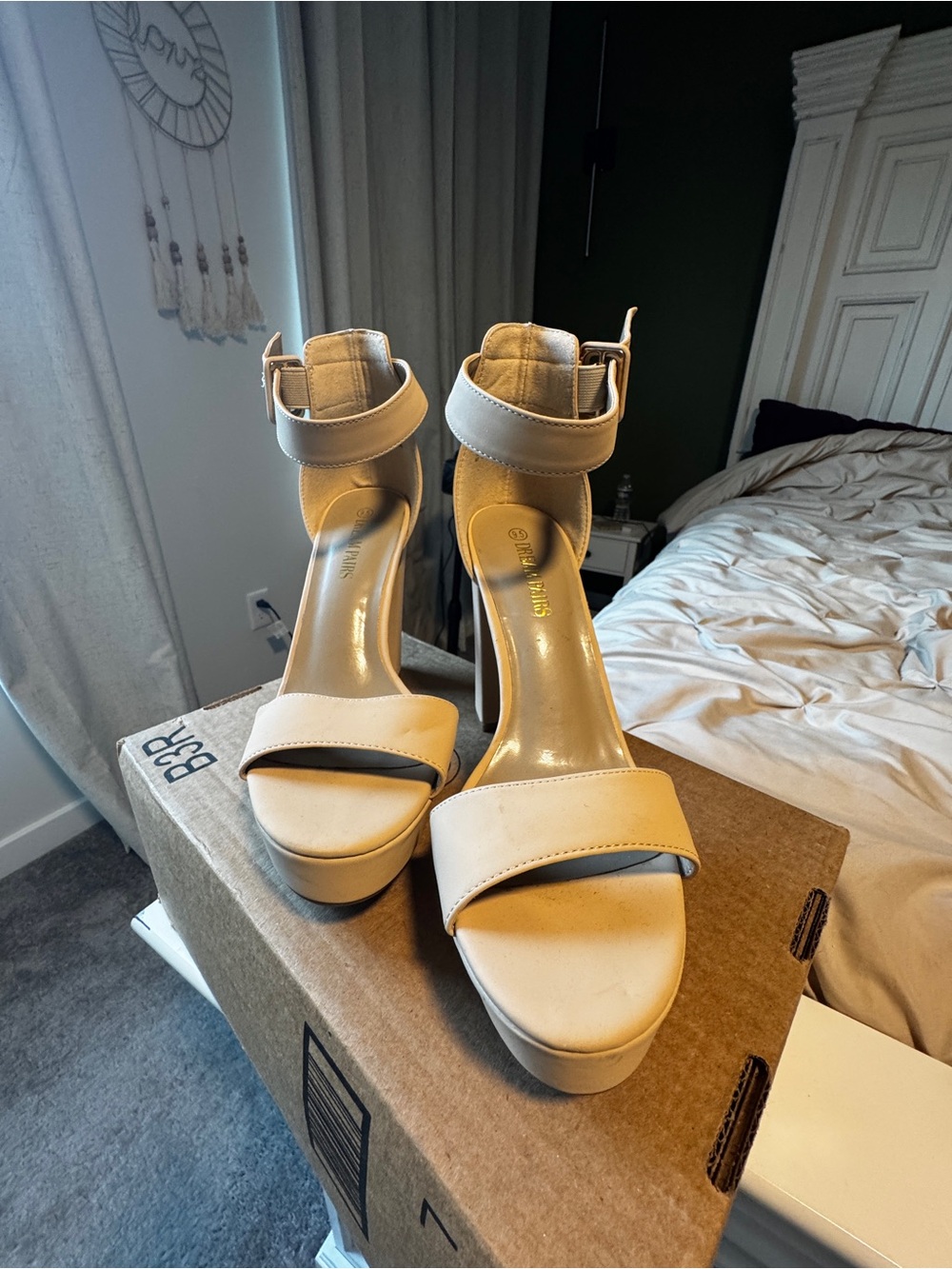 Dream Pairs Beige Ankle-Strap Platform Heels
